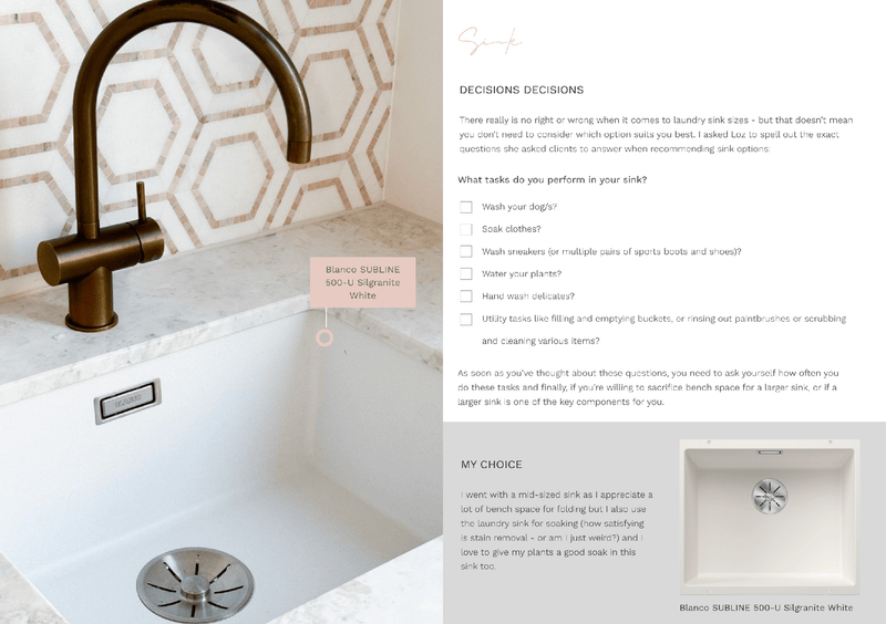 Digital magazine page featuring practical sink selection tips with image of Blanco SUBLINE 500-U Silgranite White sink and bronze faucet in a stylish laundry room