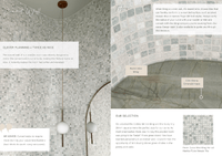 Digital magazine page featuring curved wall tile design tips and product selection for powder room with mosaic tiles and stone finishes