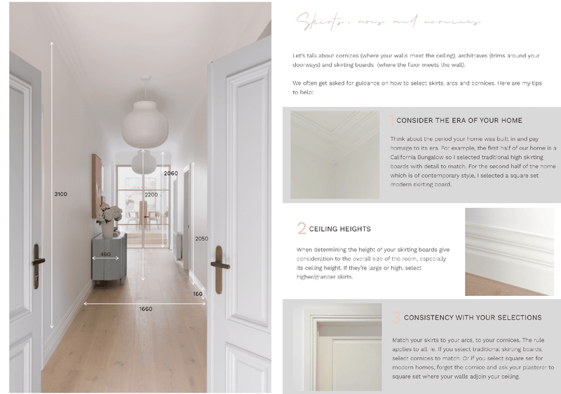 Digital magazine page showing hallway design tips with measurements and cornice, skirting board examples for practical home styling.