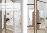 Interior view of modern home featuring Pink Sands matte Dulux Duralloy double steel doors with Iver Life Helsinki brass handles and stylish steel window design, as showcased in norsuHOME 2 digital magazine.