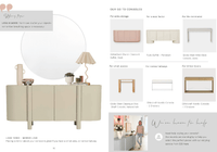 Minimalist beige console table with decorative items and a round mirror, featuring styling tips and various console options in a digital magazine layout