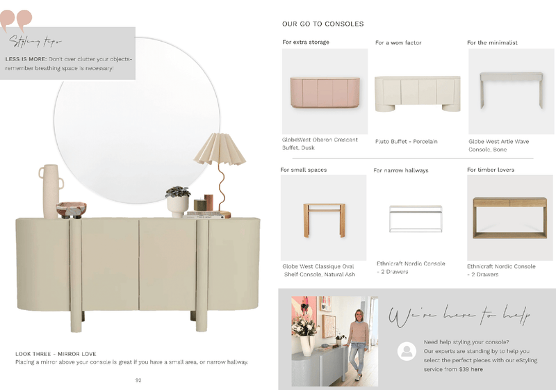 Minimalist beige console table with decorative items and a round mirror, featuring styling tips and various console options in a digital magazine layout