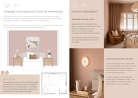 Digital Magazine pages showing bedroom design tips, furniture layout, lighting assessment, and cozy bedroom photos in warm tones.