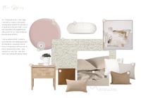 Digital magazine page featuring neutral bedroom design elements, soft textures, blush pink accents, and layered accessories for a tranquil and calm aesthetic.