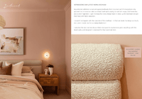 Digital magazine page featuring Nat & Dan's bedroom with a custom textured Ovis Bouclé bedhead and soft blush wall tones.