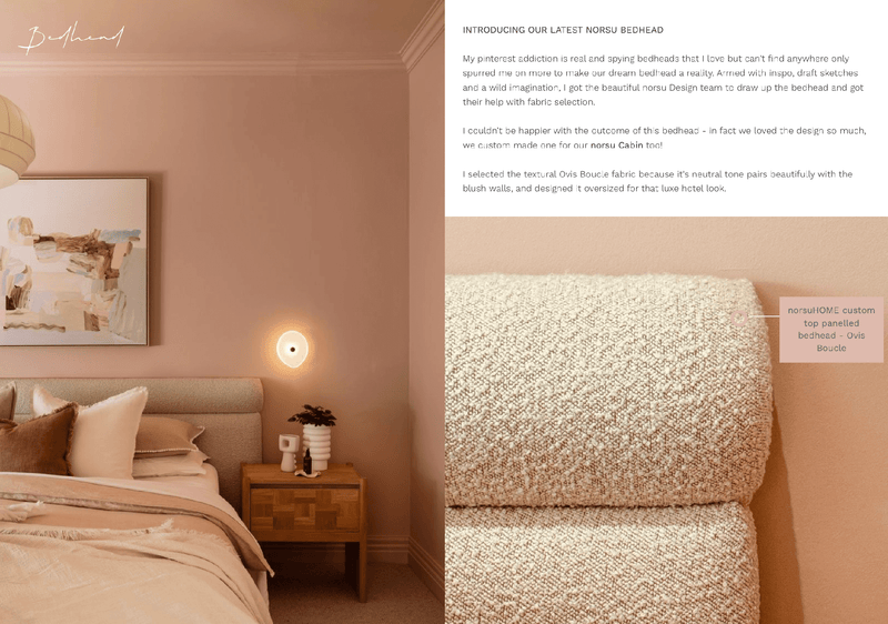 Digital magazine page featuring Nat & Dan's bedroom with a custom textured Ovis Bouclé bedhead and soft blush wall tones.