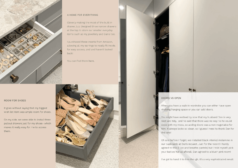 organized jewelry drawer and shoe storage with open white wardrobe in a modern bedroom digital magazine design showcase