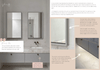 Digital magazine pages showcasing modern bathroom vanity design with warm grey shaker drawers, wall-hung mirrors, and practical storage tips
