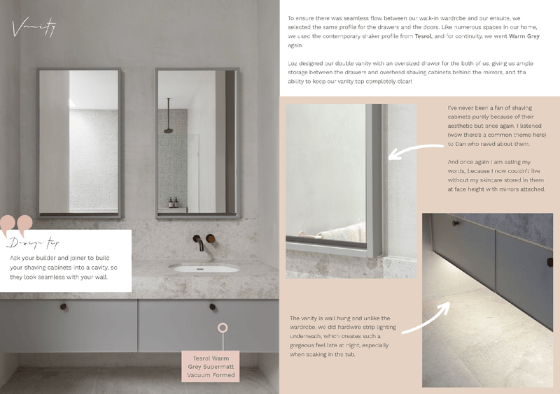 Digital magazine pages showcasing modern bathroom vanity design with warm grey shaker drawers, wall-hung mirrors, and practical storage tips