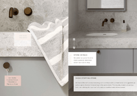 Modern bathroom sink and stone benchtop with brass fixtures and luxury towel detail from norsuHOME 2 digital magazine chapter on Nat and Dan's bedroom ensuite design