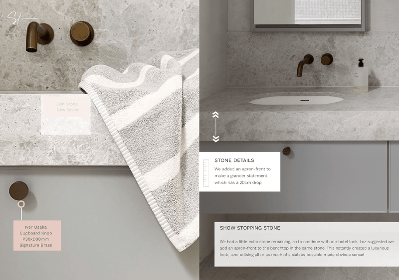 Modern bathroom sink and stone benchtop with brass fixtures and luxury towel detail from norsuHOME 2 digital magazine chapter on Nat and Dan's bedroom ensuite design