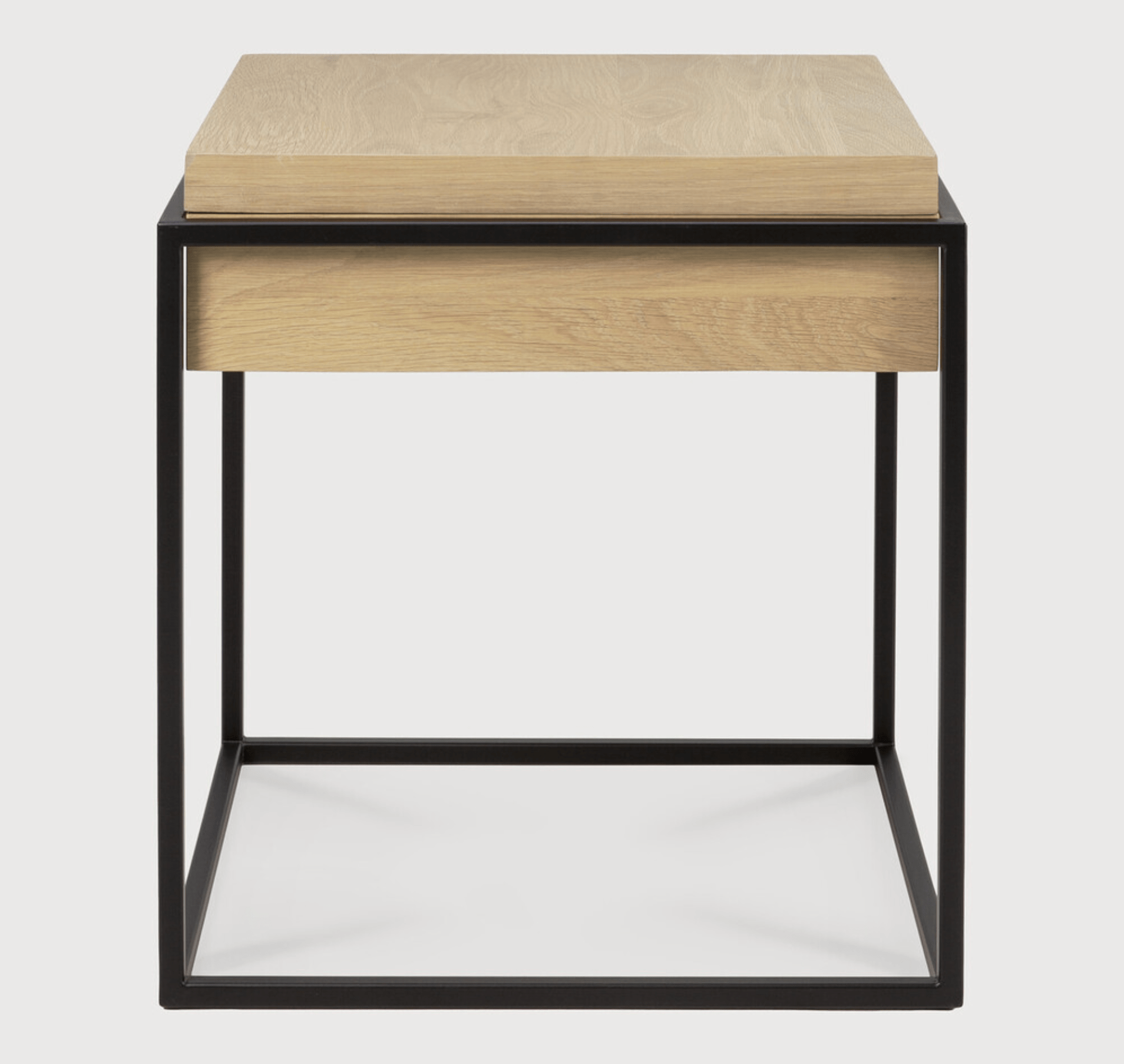 Ethnicraft Oak Monolit side table with solid oak top and black metal frame, minimalistic design with storage compartment.