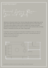 Digital magazine page showing floor plan layout of formal living room, bar, and study with design tips and welcome message.