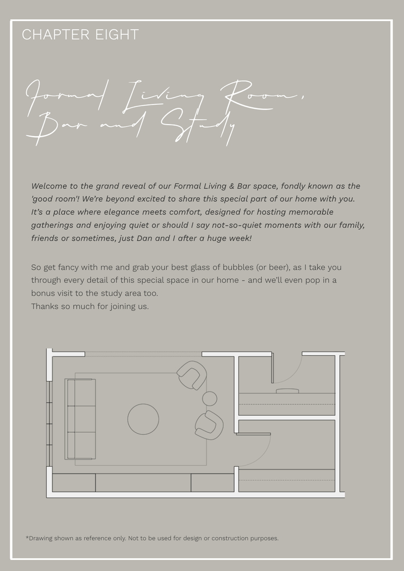 Digital magazine page showing floor plan layout of formal living room, bar, and study with design tips and welcome message.