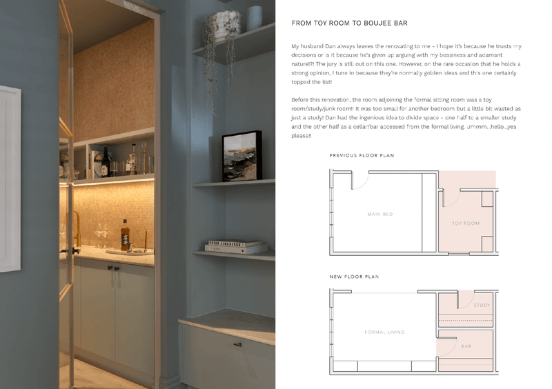 Modern formal living room with built-in bar and study area floor plans in digital magazine design guide