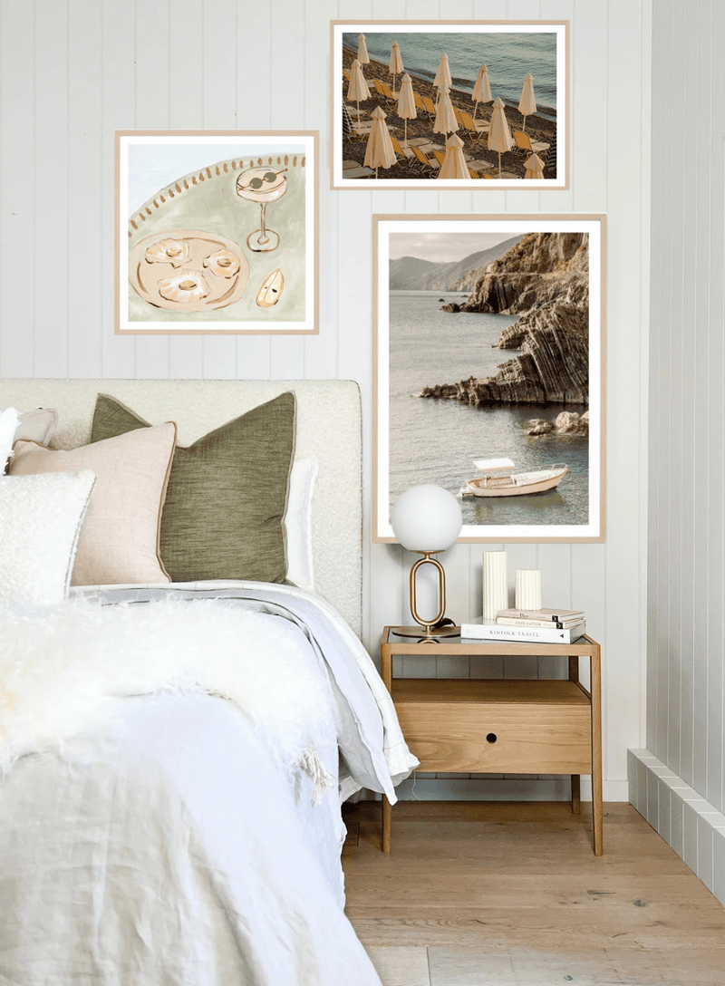 Framed Middle of Nowhere Corfu Sunrise photographic print with white border displayed in a modern bedroom setting