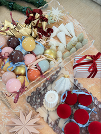 norsu STUDIO Flocked Velvet deep red Christmas baubles with duck egg blue ribbons set of six