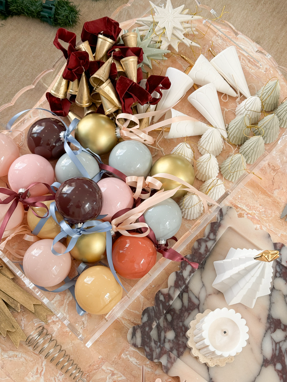norsu STUDIO Glass Christmas Bauble burgundy with blue satin ribbon in festive mixed colour collection