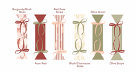 Set of 6 norsu STUDIO customizable Christmas crackers with velvet ribbons in burgundy, rose red, red rose stripe, blush/chartreuse, olive green, and olive stripe designs