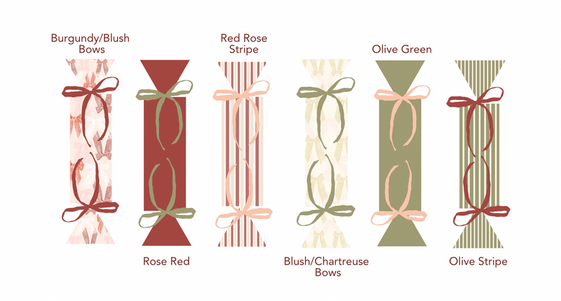 Set of 6 norsu STUDIO customizable Christmas crackers with velvet ribbons in burgundy, rose red, red rose stripe, blush/chartreuse, olive green, and olive stripe designs