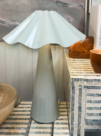 Grayson Table Lamp seafoam sage metal frame with curved shade on bedside table