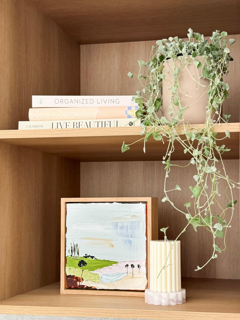 Minimalist styled wooden shelves with books, a cascading potted plant, a framed painting, and a decorative candle.