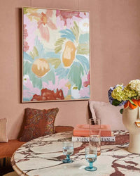Marcia Priestley Limited Edition abstract floral fine art canvas print with floating oak frame in stylish living room setting