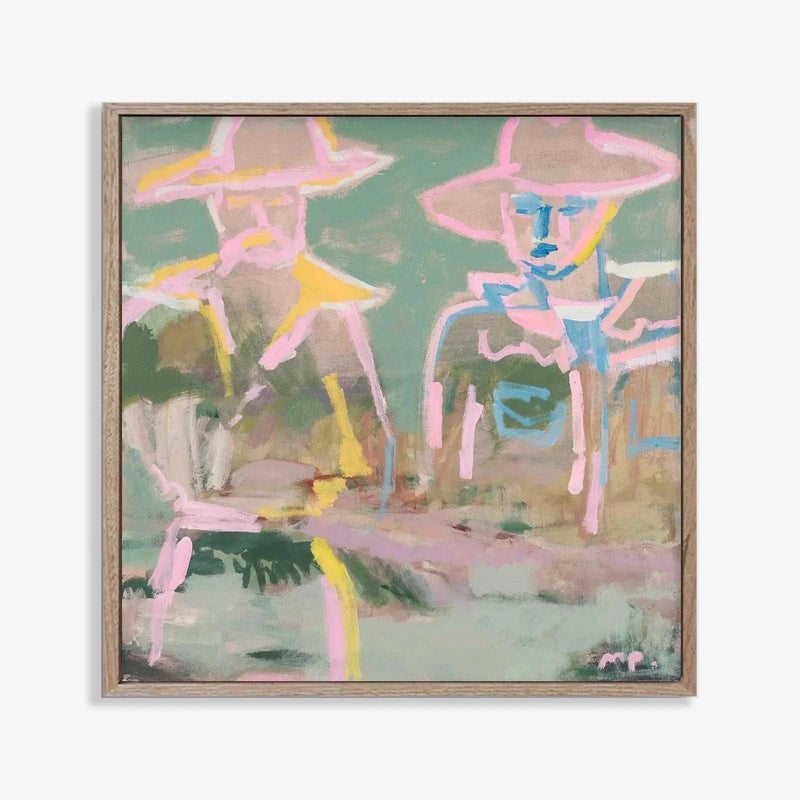 Marcia Priestley limited edition fine art canvas print titled Stockman Yard with abstract figures in pastel tones, framed in floating oak