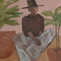 Abstract painting of a seated figure wearing a hat surrounded by potted plants, Marcia Priestley fine art canvas print
