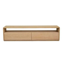 GlobeWest Henry Entertainment Unit in light oak with open shelving and two drawers, modern solid oak veneer design