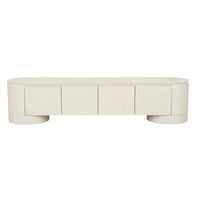 GlobeWest Pluto porcelain entertainment unit with rounded silhouette and circular legs, featuring 4 doors and ash veneer finish