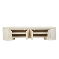 GlobeWest Pluto porcelain entertainment unit with rounded edges, four doors, and internal shelves for modern living rooms.