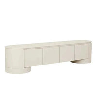 GlobeWest Pluto porcelain entertainment unit with four doors, circular legs, ash veneer finish, and minimalist modern design