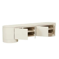 GlobeWest Pluto porcelain entertainment unit with rounded silhouette, four doors, ash veneer and MDF construction.