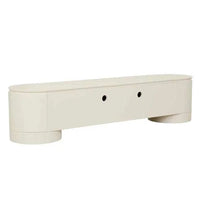 GlobeWest Pluto porcelain entertainment unit with rounded silhouette and circular legs, featuring four doors and cable holes for modern storage.