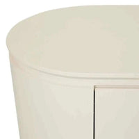 GlobeWest Pluto porcelain entertainment unit with rounded silhouette and circular legs, featuring four doors and ash veneer construction