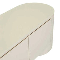 GlobeWest Pluto porcelain entertainment unit with rounded edges and circular legs in ash veneer and MDF