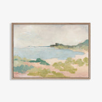 Marcia Priestley limited edition fine art canvas print "The Briny I" featuring a soft coastal landscape in muted tones, framed in a natural floating oak frame