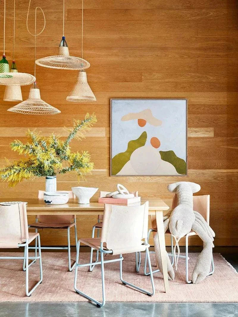 Marcia Priestley limited edition fine art canvas print The Sands in floating oak frame displayed in modern dining room