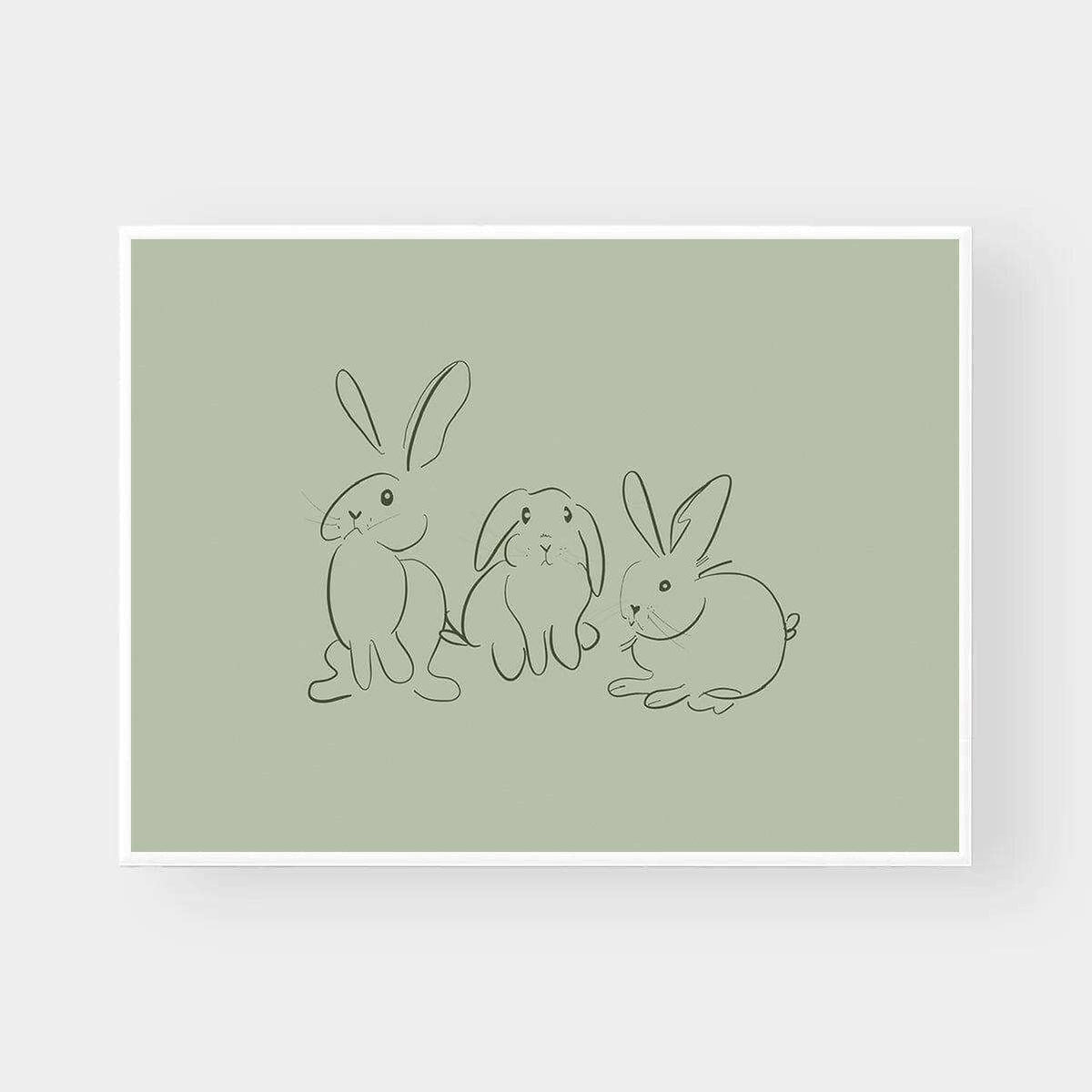 Gigi's Rabbits tonal green wall art with three minimalist outlined rabbits on muted green background