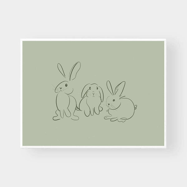 Gigi's Rabbits tonal green wall art with three minimalist outlined rabbits on muted green background