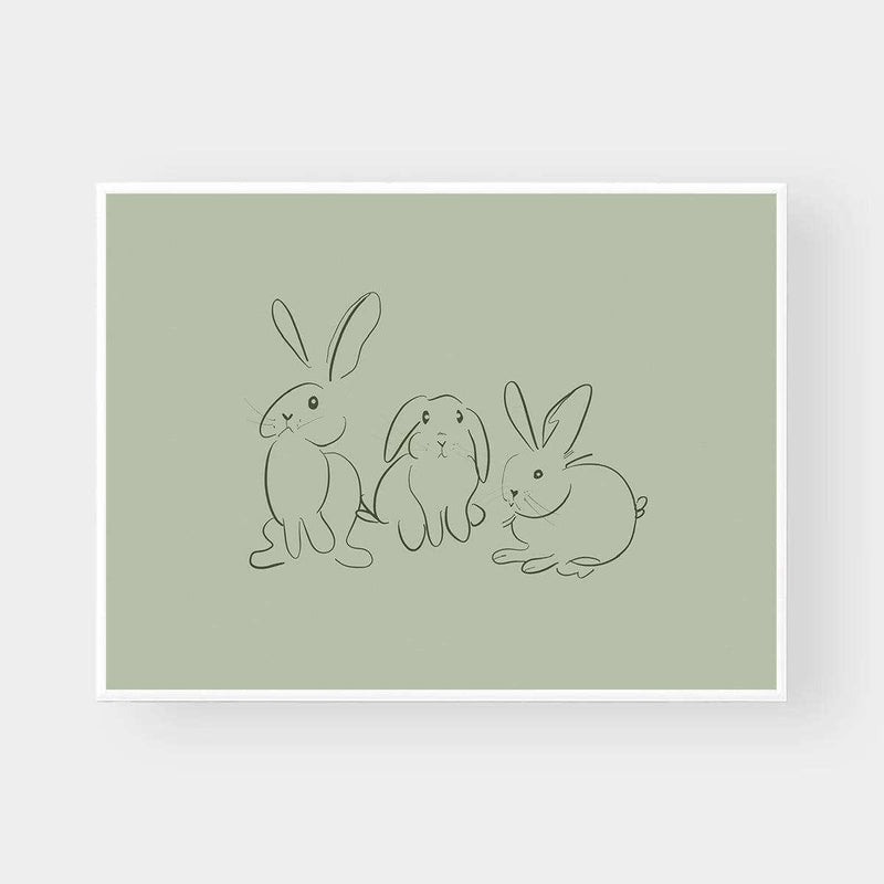 Gigi's Rabbits tonal green wall art with three minimalist outlined rabbits on muted green background