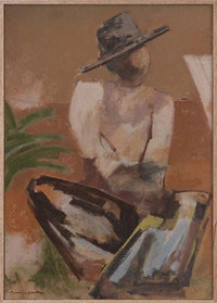 Abstract painting of a seated figure wearing a hat, by Marcia Priestley, limited edition fine art canvas print with floating oak frame option
