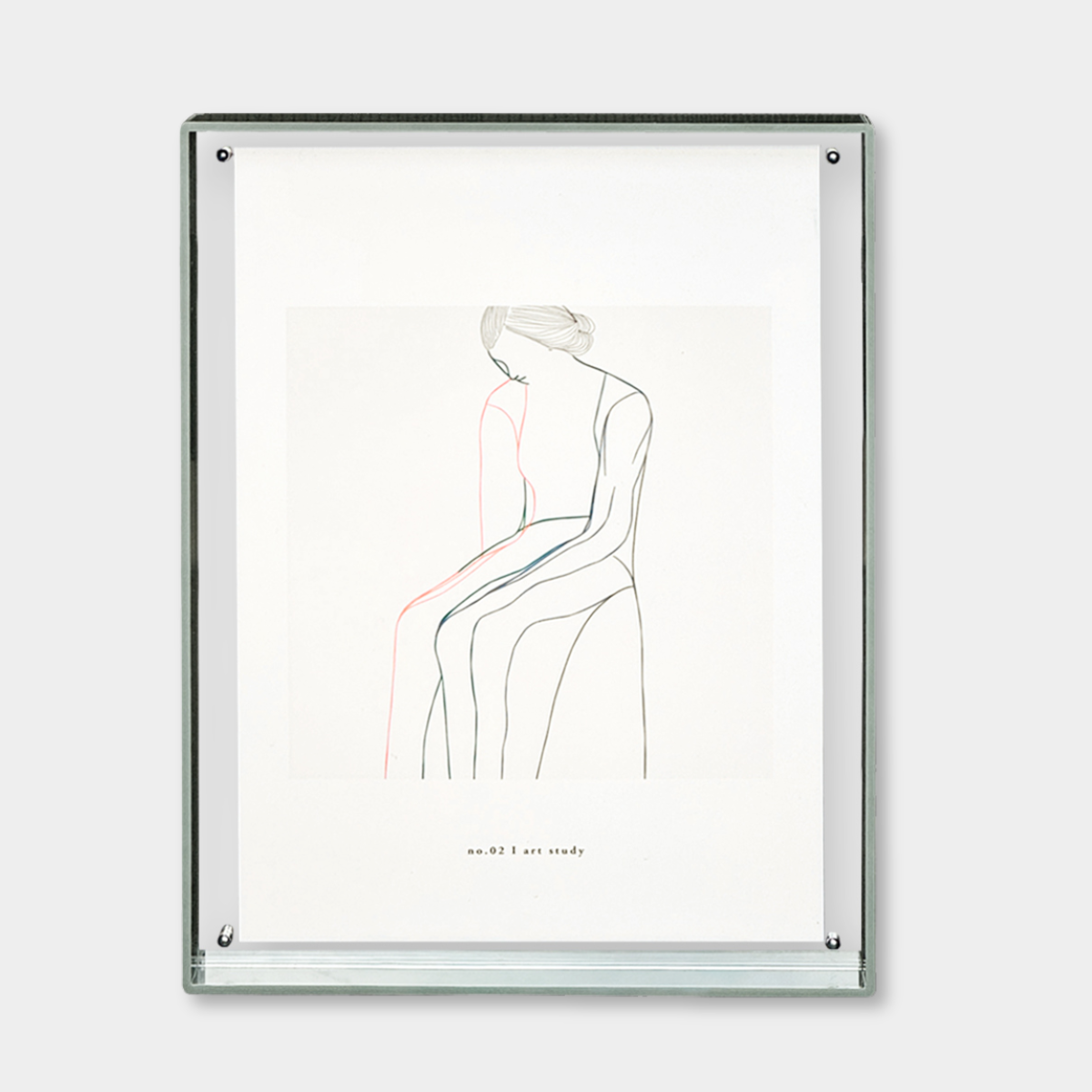 Acrylic box gallery frame in sage color showcasing minimalist line art with durable clear acrylic sandwich design for A3 prints.