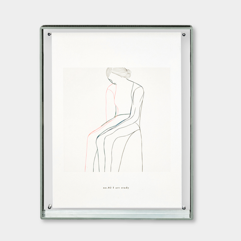 Acrylic box gallery frame in sage color showcasing minimalist line art with durable clear acrylic sandwich design for A3 prints.