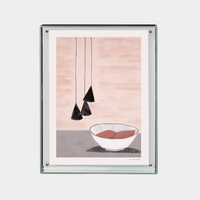Minimalist "On the Table Print" digital downloadable wall art featuring a bowl and hanging pendant lights with soft pink and gray tones