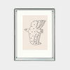 Minimalist black and white line art of a flying bird with spots framed on a beige background Flying Solo Print digital downloadable artwork