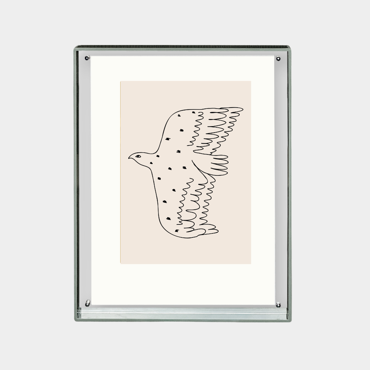 Minimalist black and white line art of a flying bird with spots framed on a beige background Flying Solo Print digital downloadable artwork