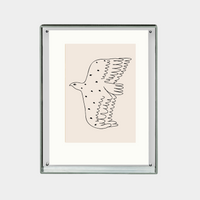 Minimalist black and white line art of a flying bird with spots framed on a beige background Flying Solo Print digital downloadable artwork