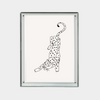 Minimalist black and white digital print of a stretching spotted leopard on a white background in a glass frame